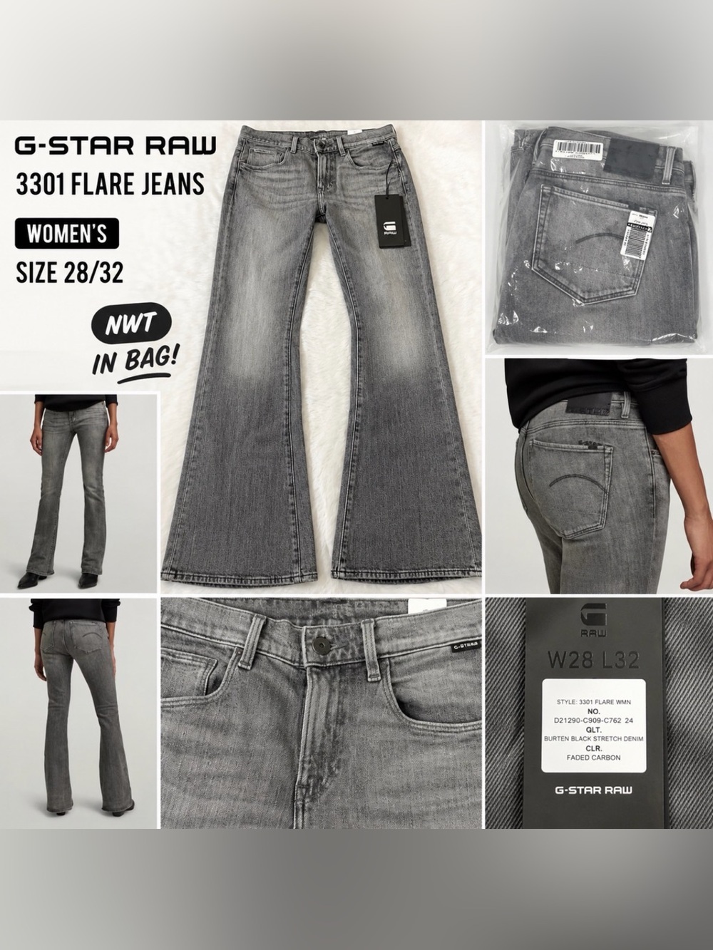 G-Star RAW 3301 Flare Women’s Jeans – Faded Carbon – NWT – Size 28/32